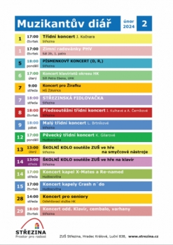 Muzikantův diář - program hudebního oddělení ZUŠ Střezina na únor