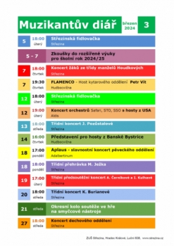 Muzikantův diář - program hudebního oddělení ZUŠ Střezina na březen